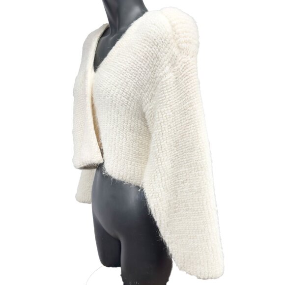 VTG Alpaca / Mohair Cropped Chunky Drop-Shoulder Pads Knit Ivory Cardigan M/L - Picture 3 of 7